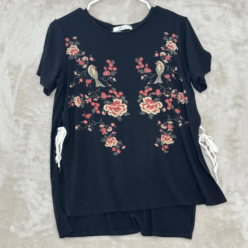 Gaze USA Tunic Top Womens Medium Black Floral Bird Embroidered Side Tie Tee